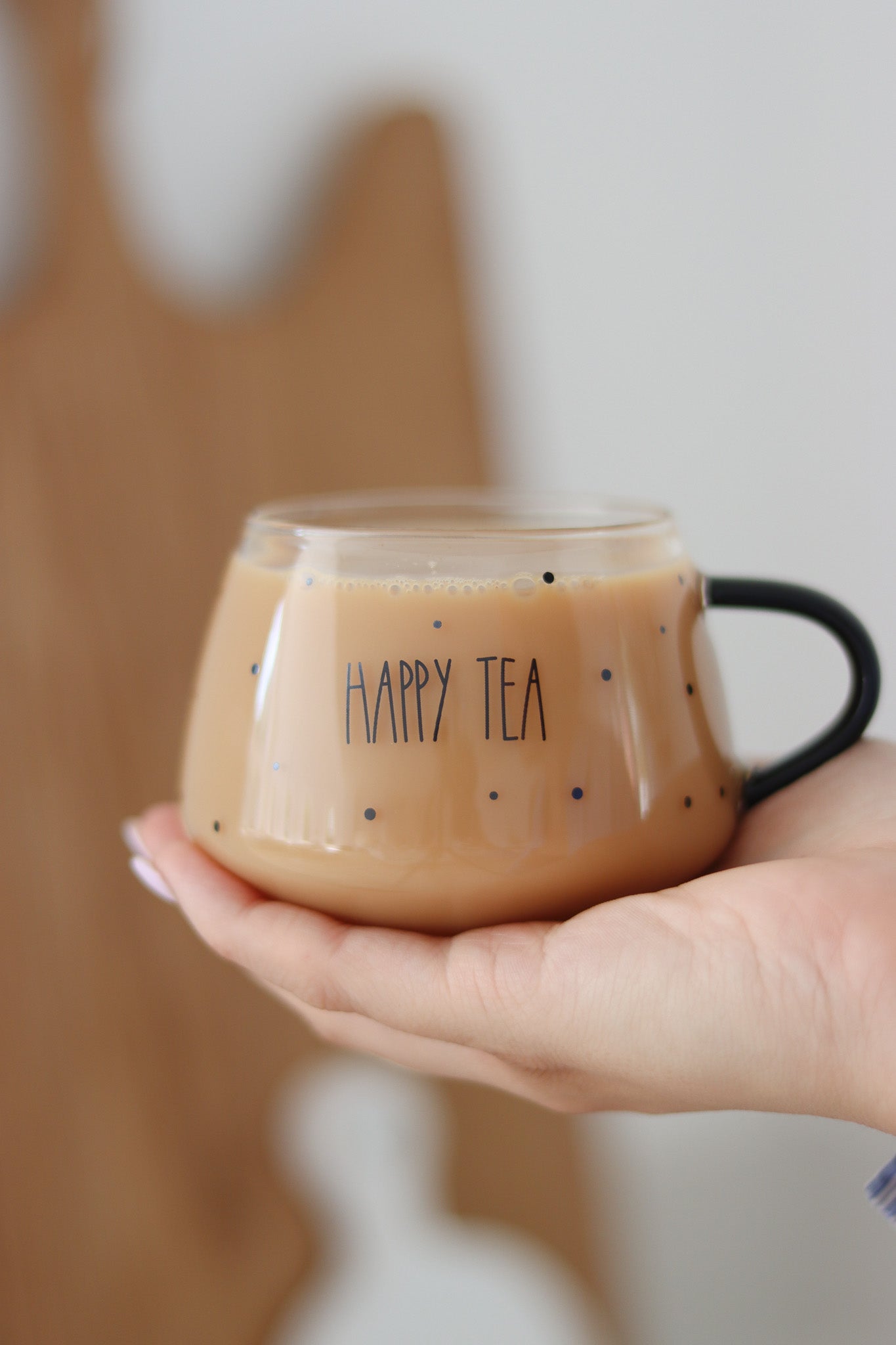 Set Of 2 Short Glass Mugs - Black Handled/Happy Tea
