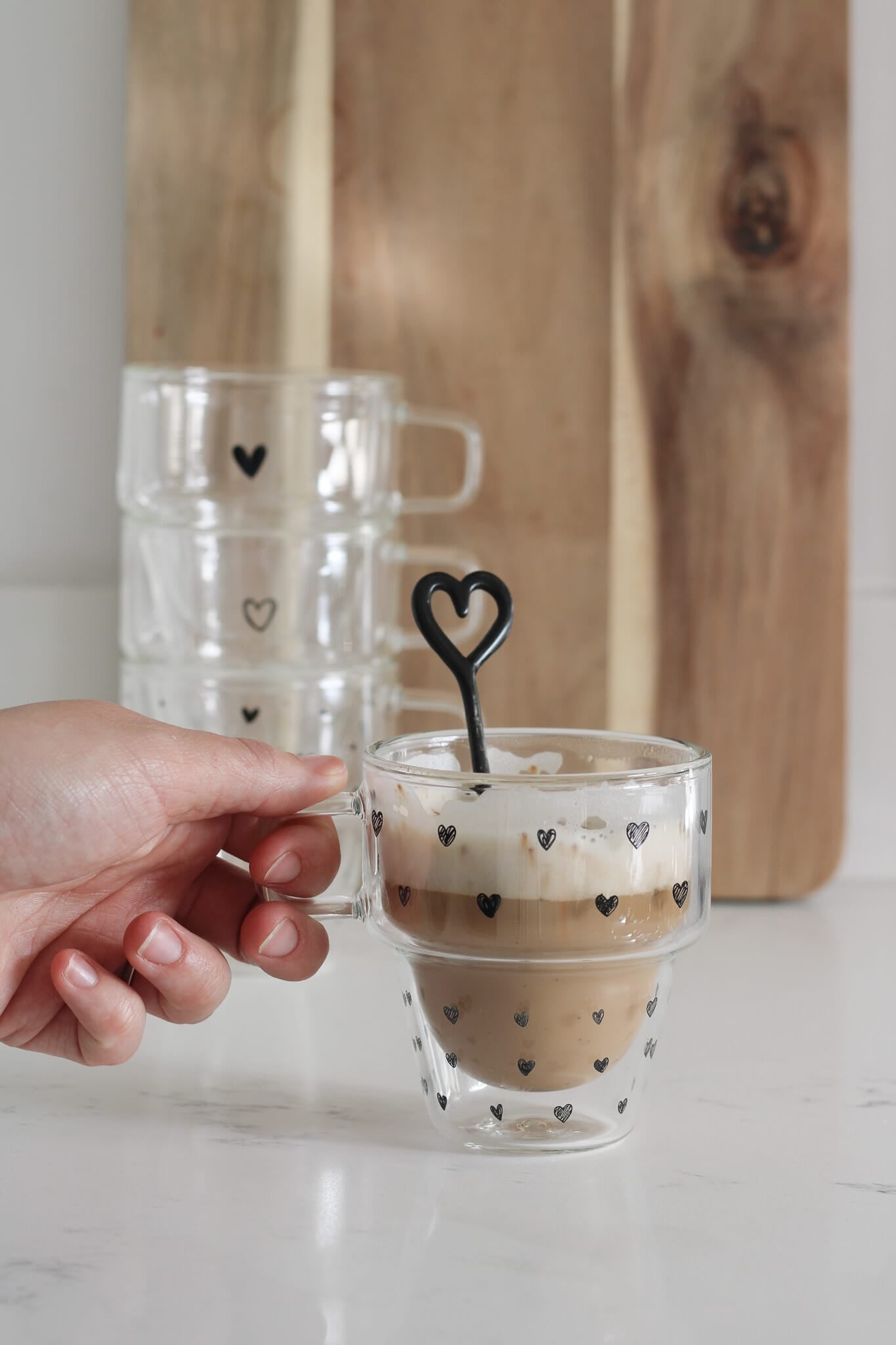 Double Walled Glass Stacking Mugs - Hearts/Black