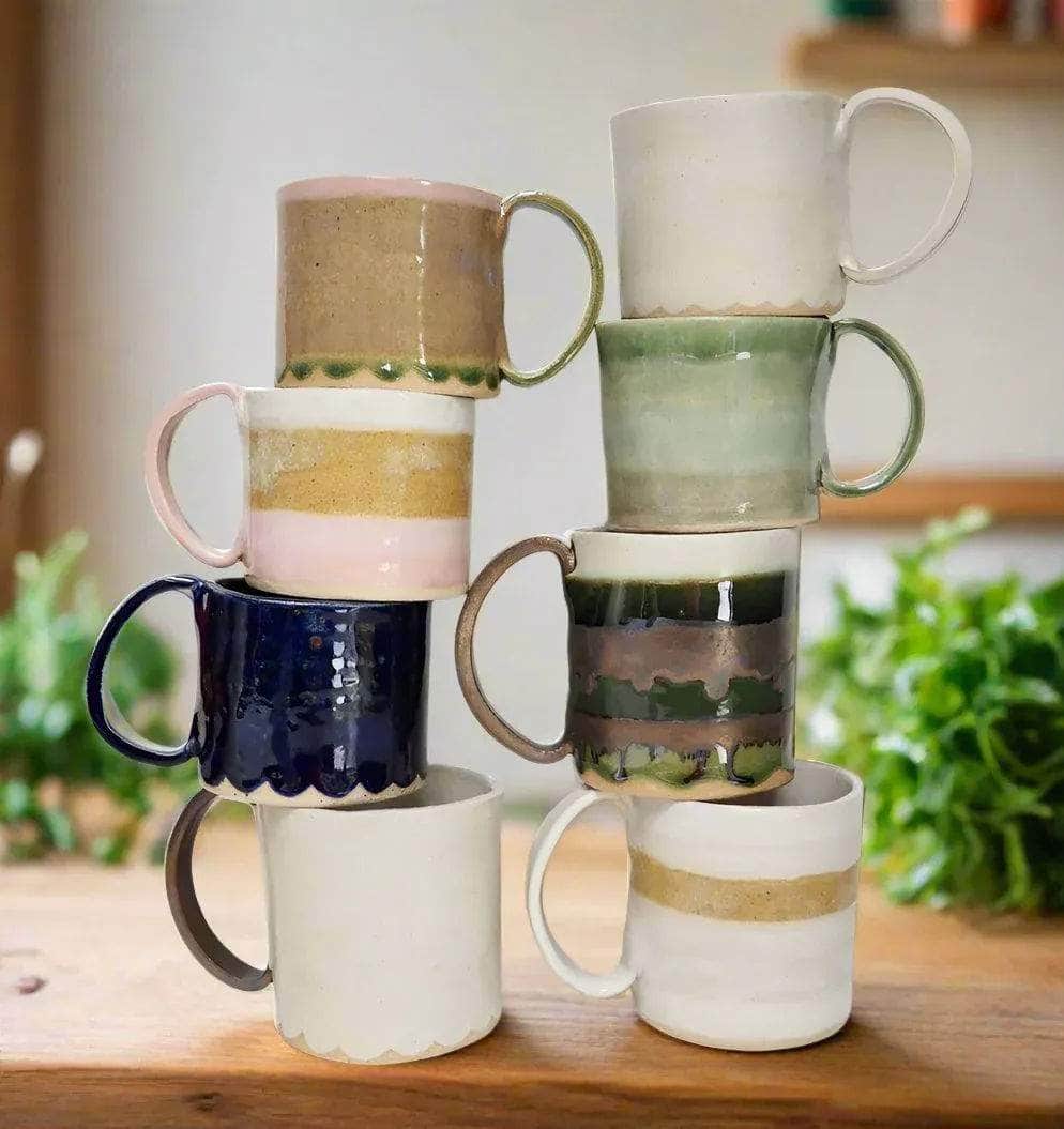 Ceramic Mug in Stripes White, Cream and Mustard glaze