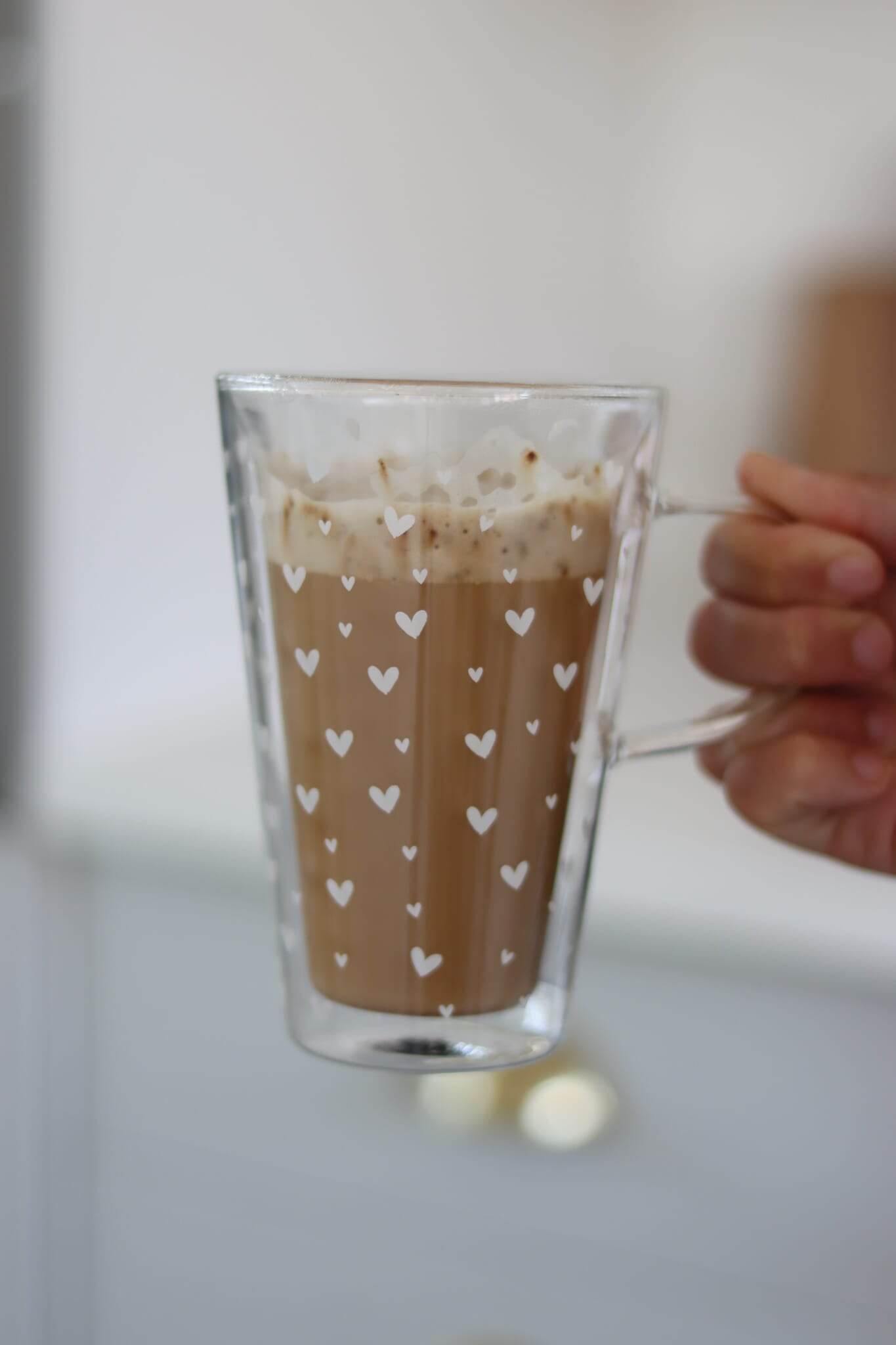 Double Wall Glass Latte Mug - Small Multi Heart/White