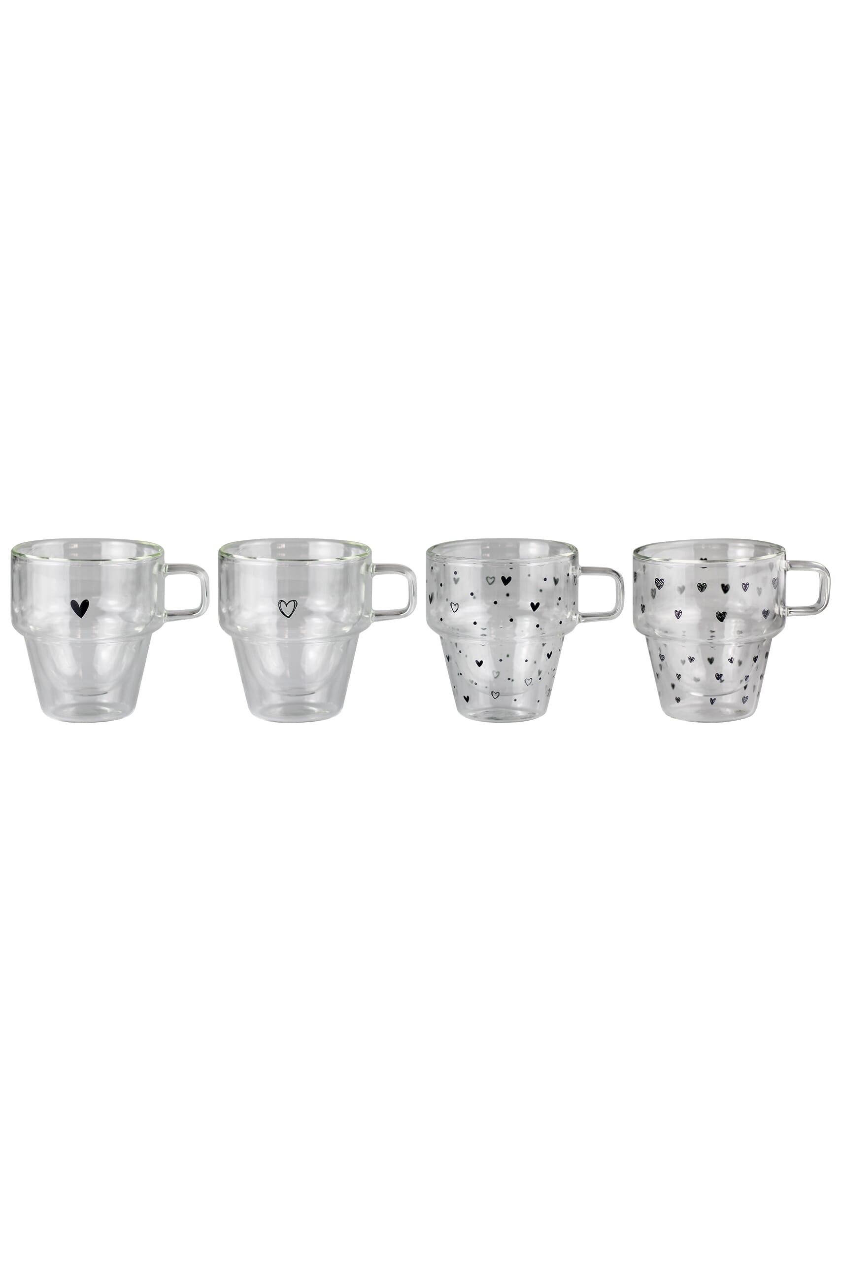 Double Walled Glass Stacking Mugs - Hearts/Black