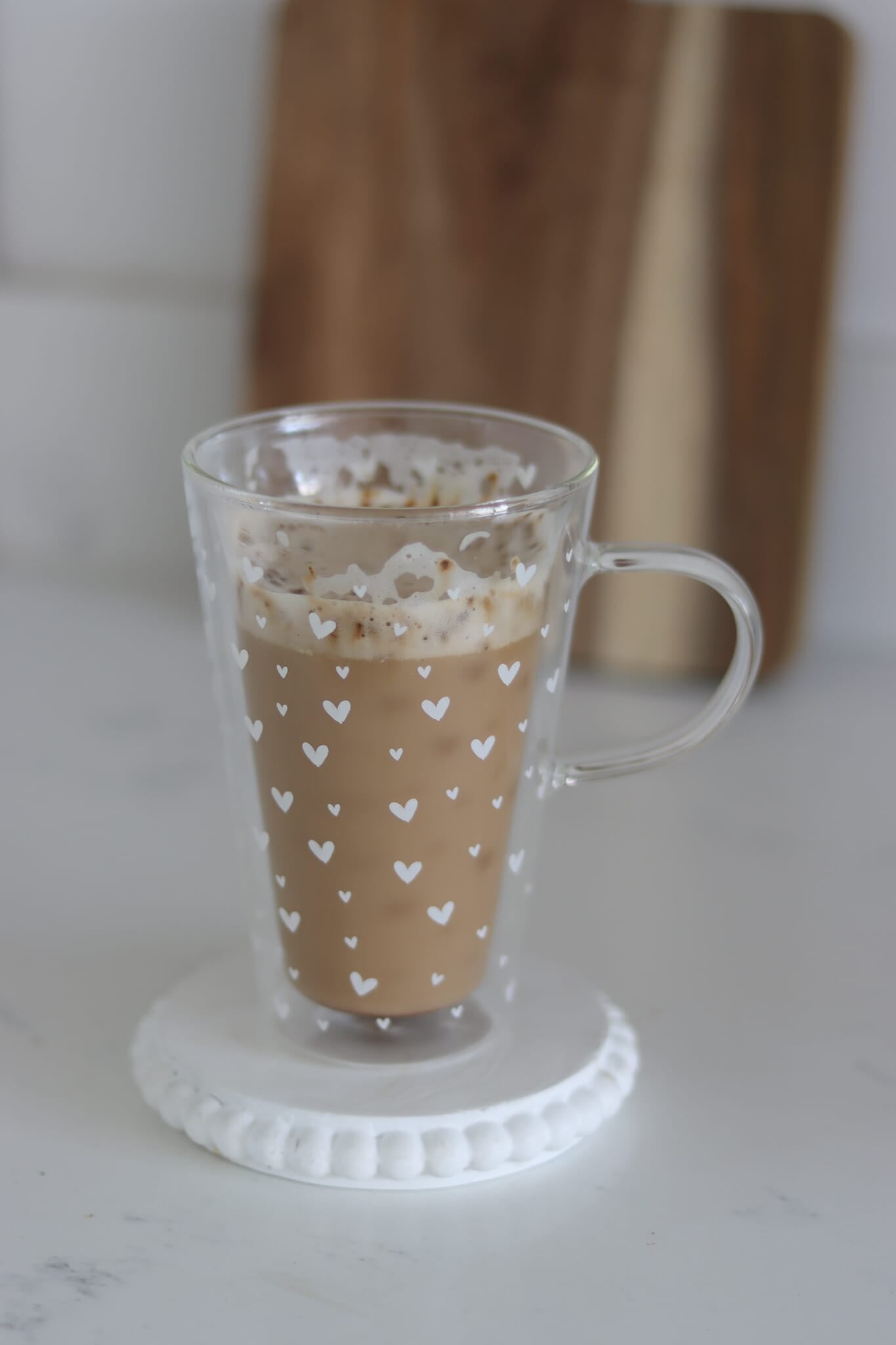 Double Wall Glass Latte Mug - Small Multi Heart/White