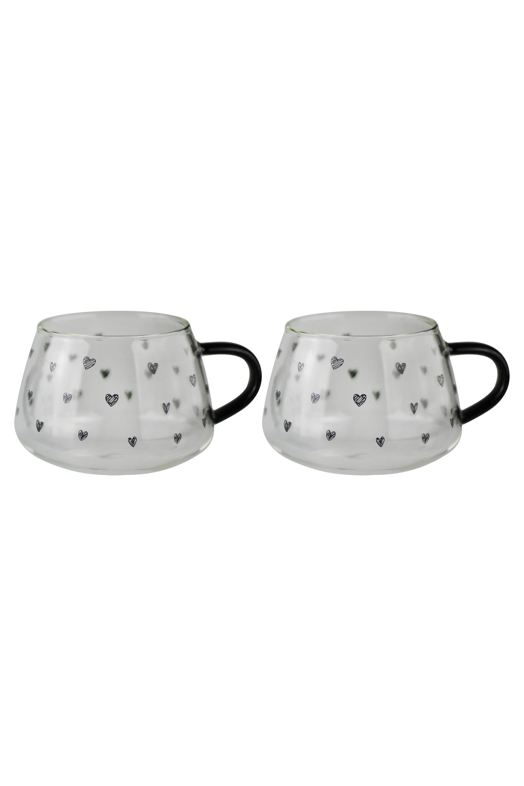 Set Of 2 Short Glass Mugs - Black Handled/MultiHearts
