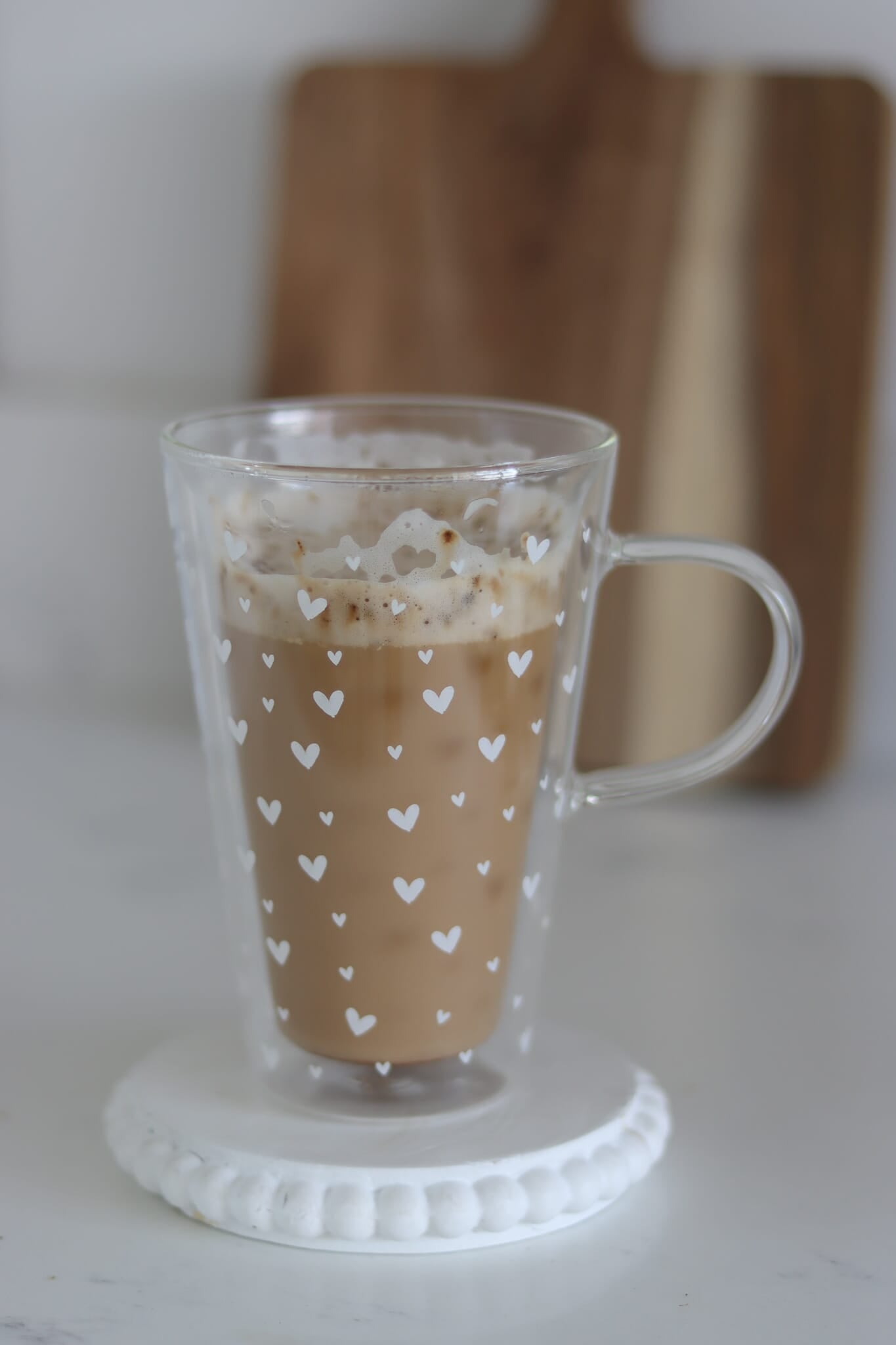 Double Wall Glass Latte Mug - Small Multi Heart/White
