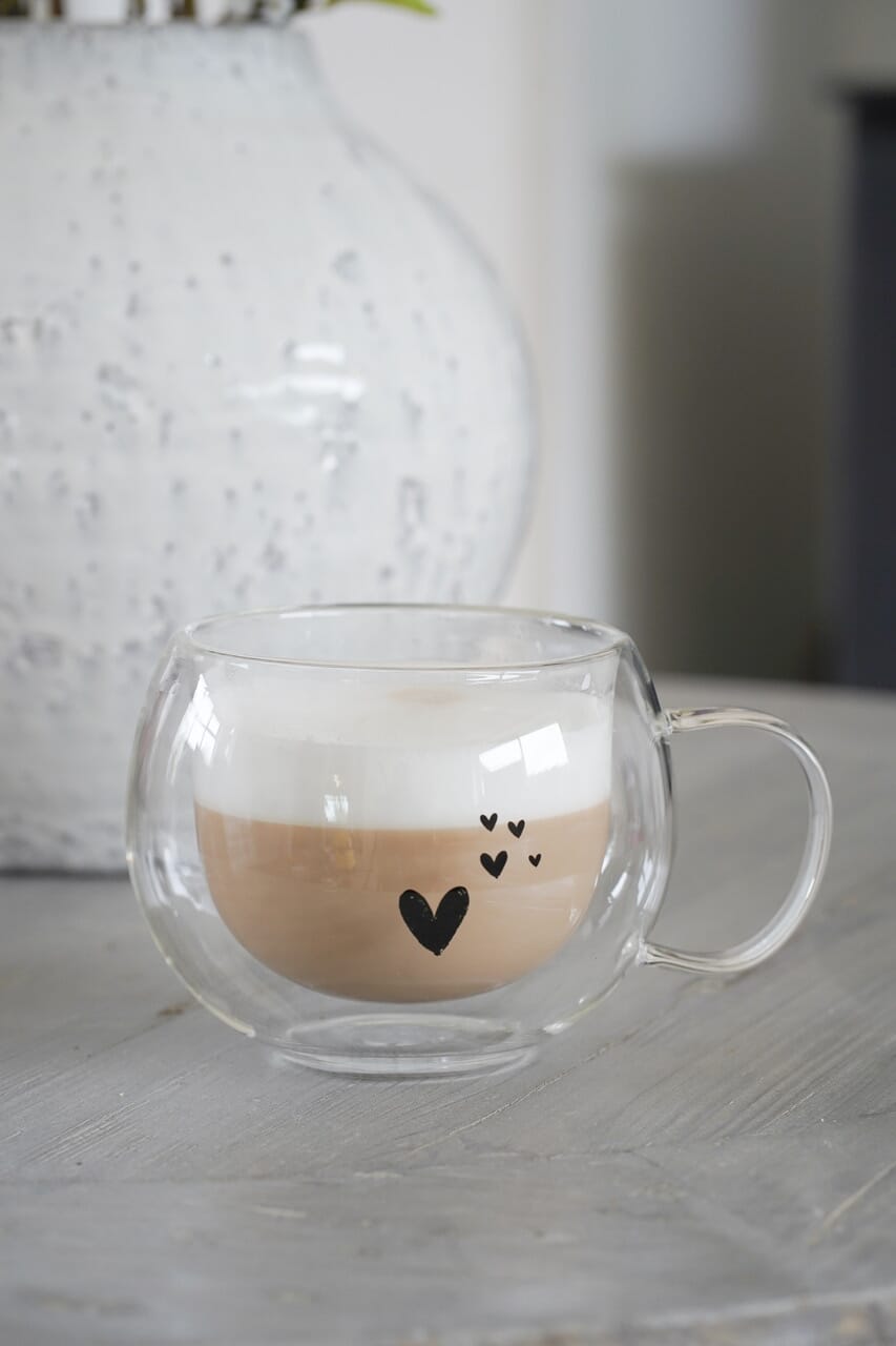 Round Double Wall Glass Mug Black - Dream Hearts