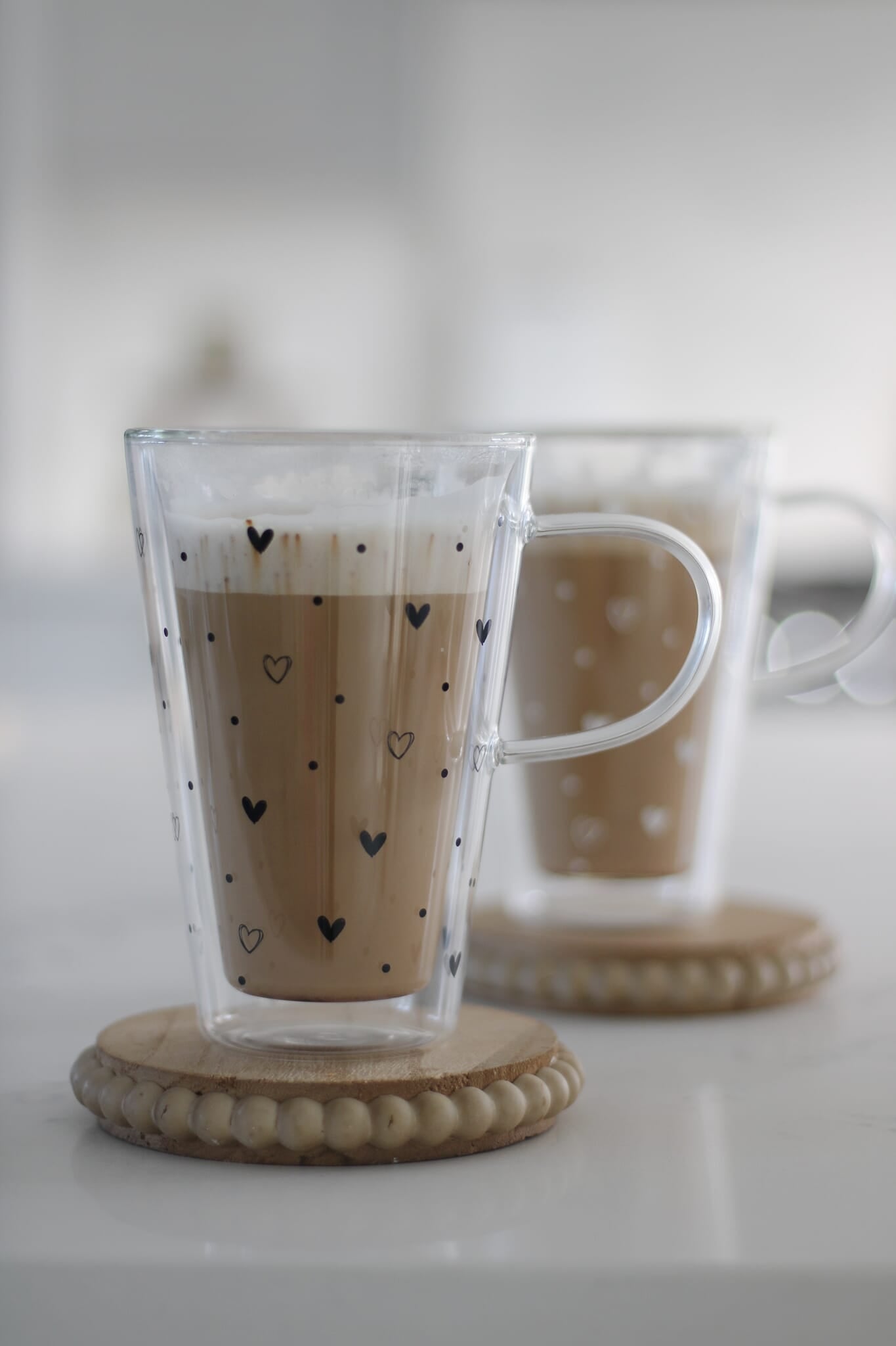Double Walled Glass Latte Mug - Hearts And Dots/White
