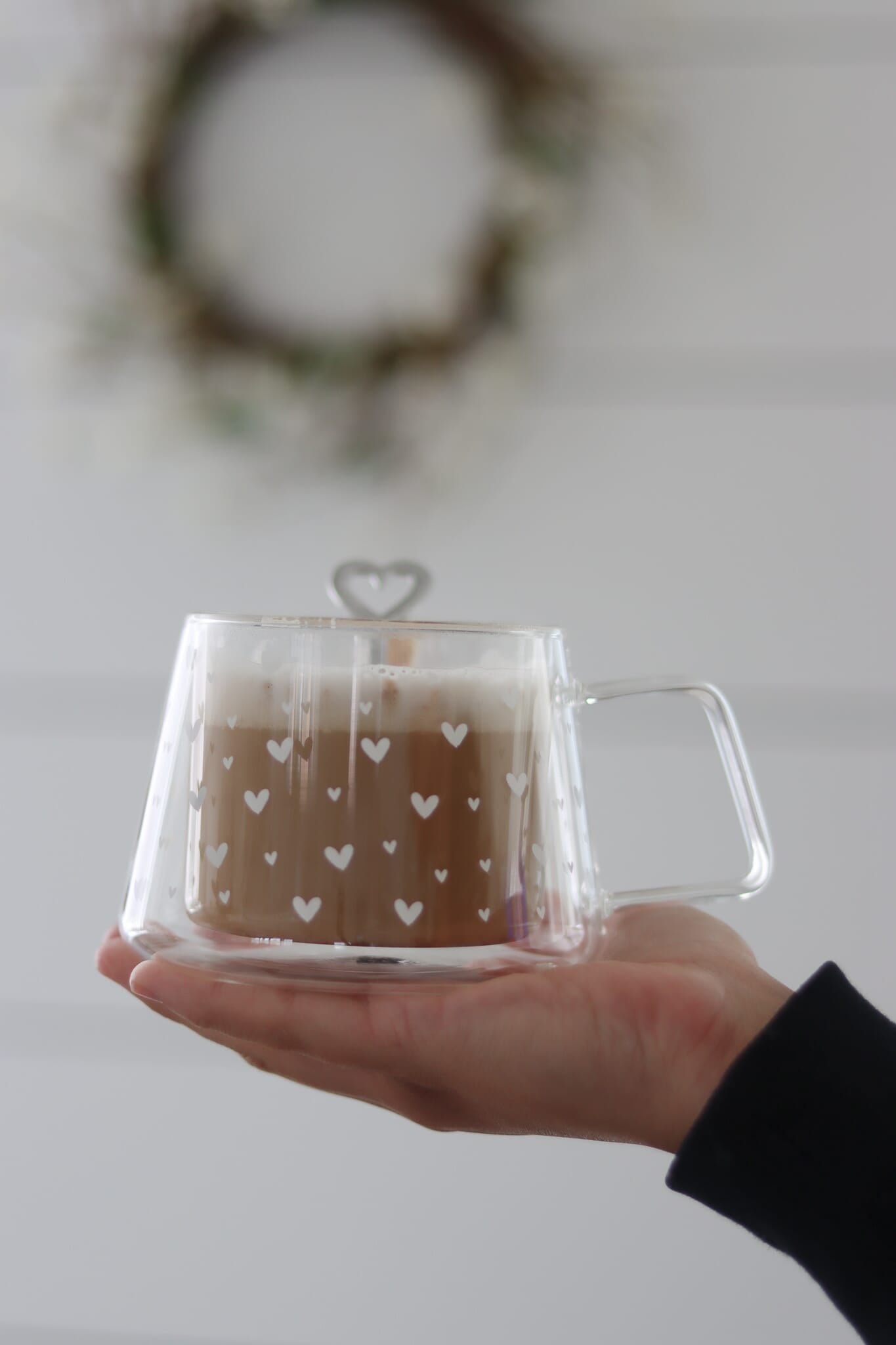 Wrap Around Double Walled Glass Mug – Multi Heart White