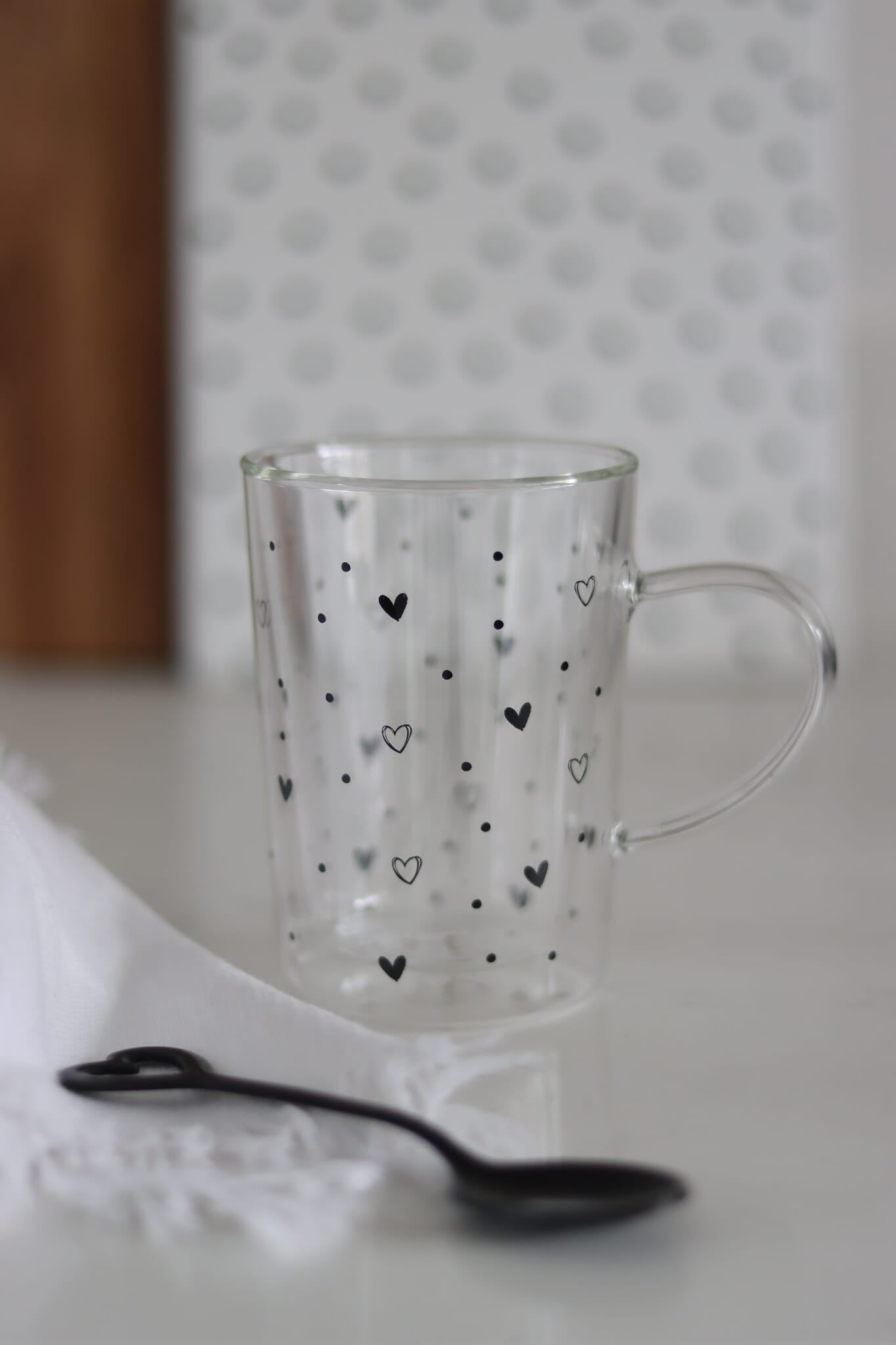 Slim Double Wall Glass Mug - Multi Hearts and Dots/Black