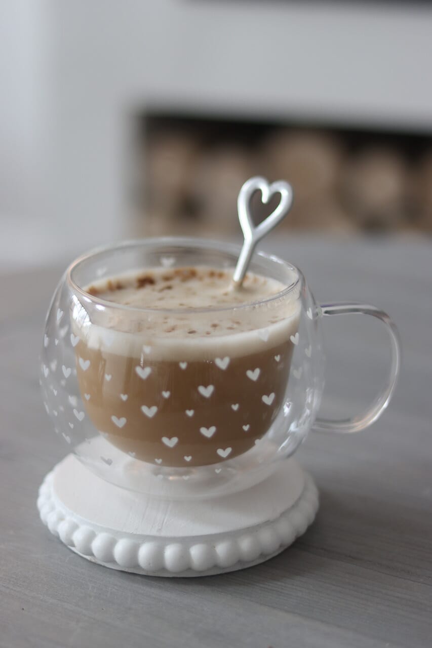 Round Double Walled Glass Mug - Multi Heart/White