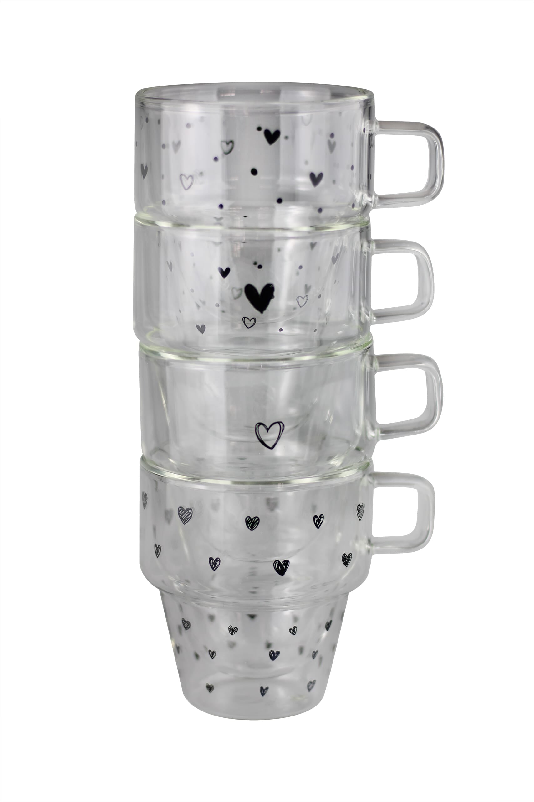 Double Walled Glass Stacking Mugs - Hearts/Black