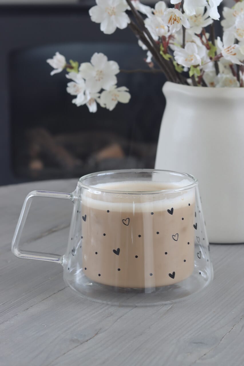 Wrap Around Double Walled Glass Mug – Hearts & Dots Black