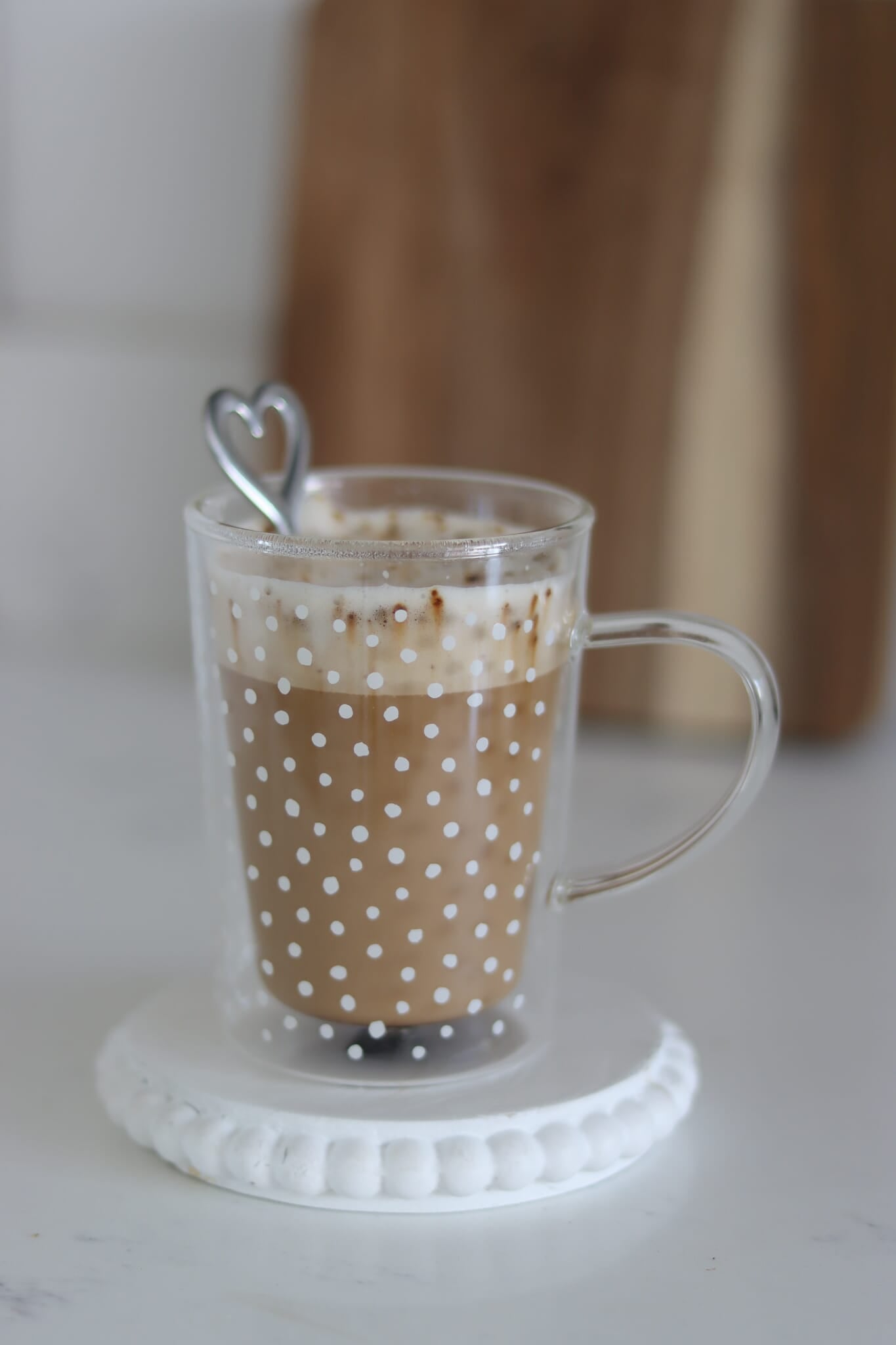 Slim Double Walled Glass Mug - White Polka Dot