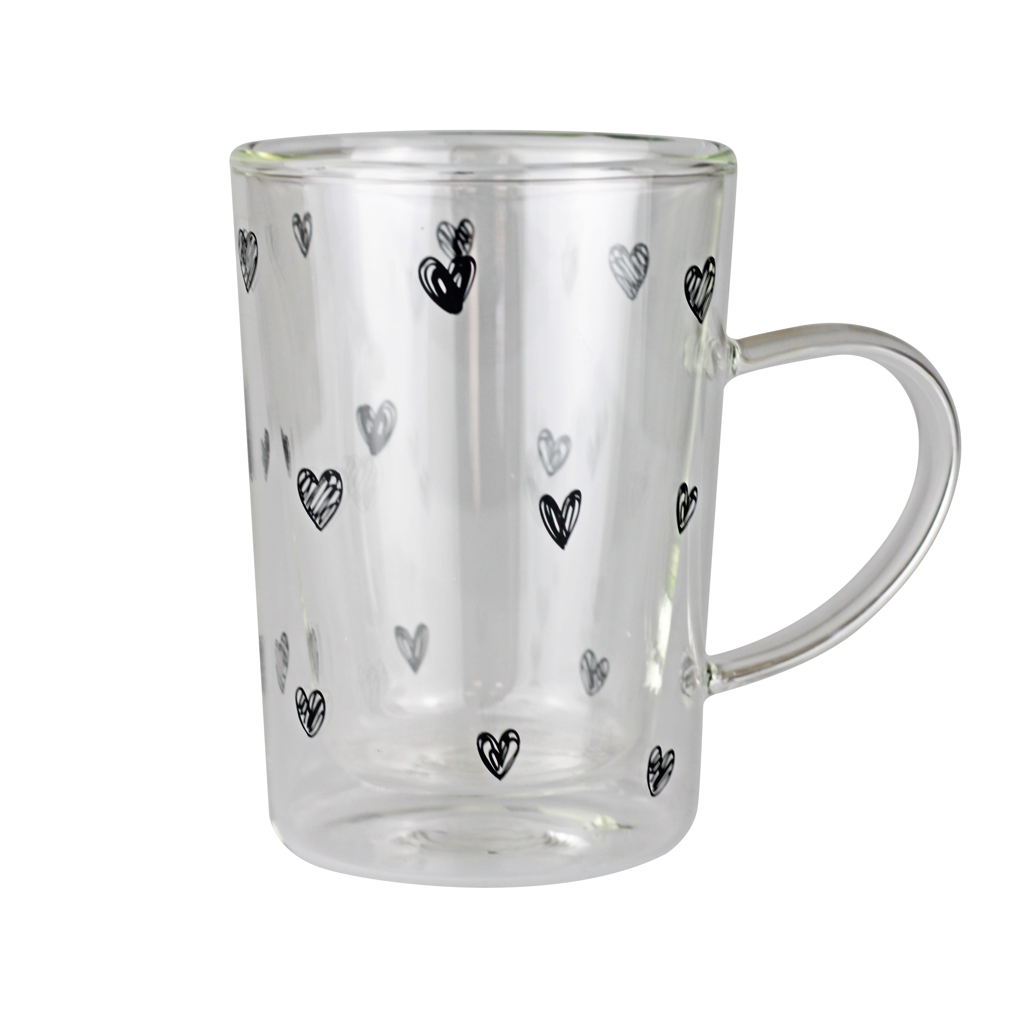 Slim Double Wall Glass Mug - Small Hearts/Black