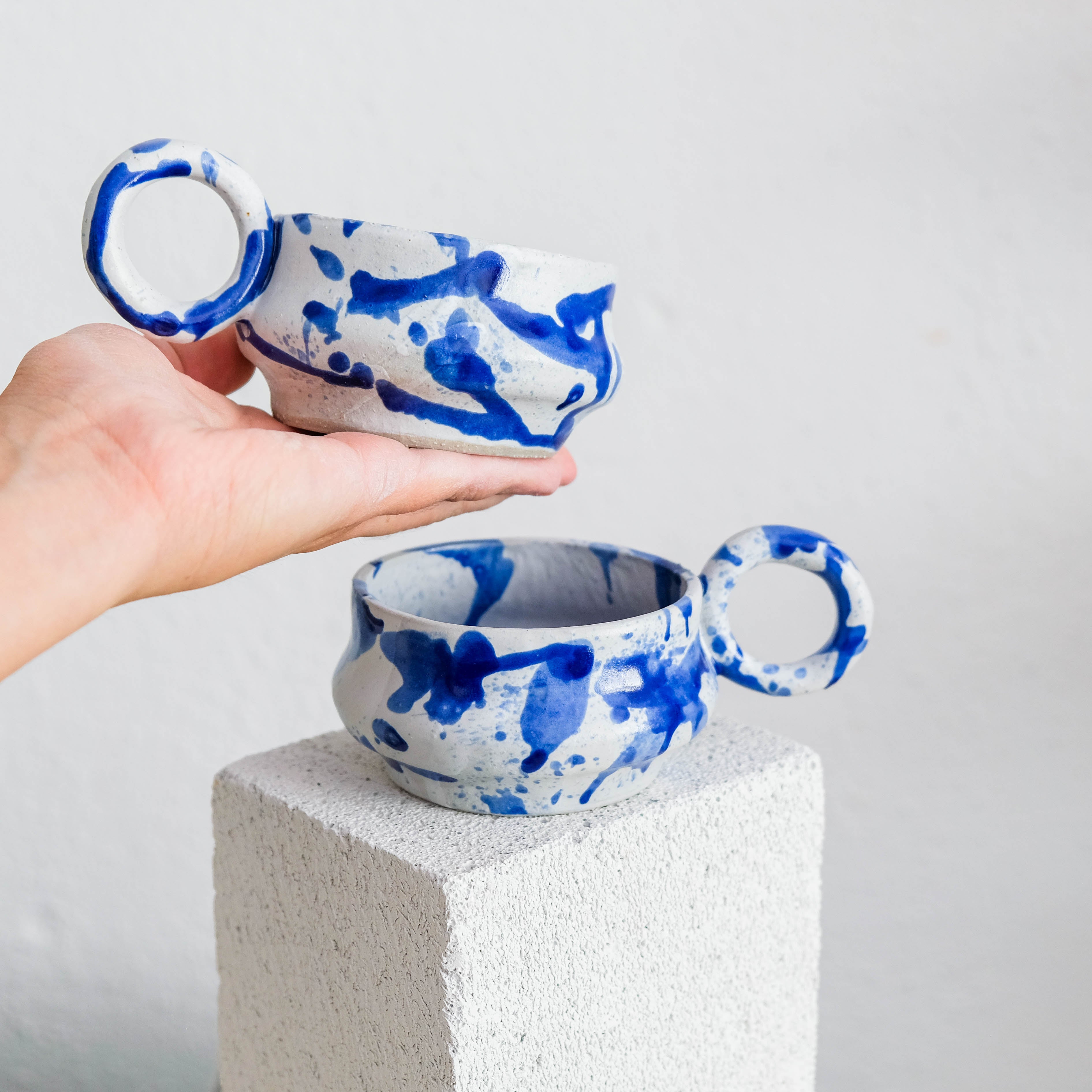 Dalmata M - Porcelain Cappuccino Cup - Brush Strokes Blue - Set of 2
