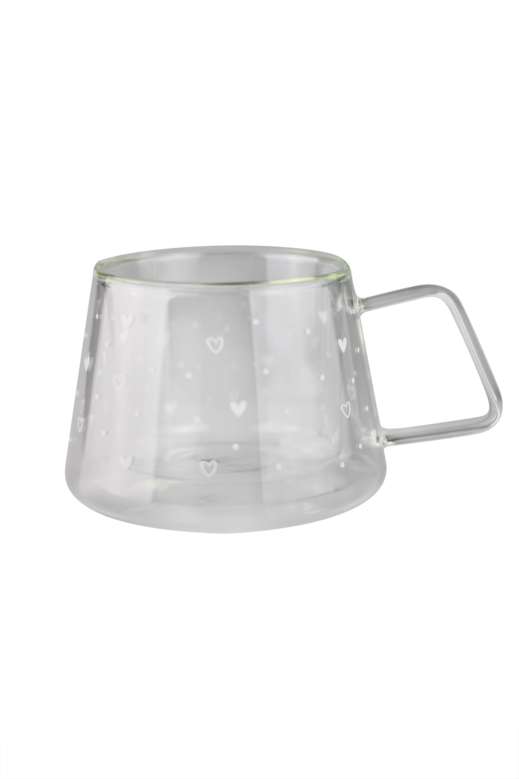 Wrap Around Double Walled Glass Mug – Hearts & Dots White