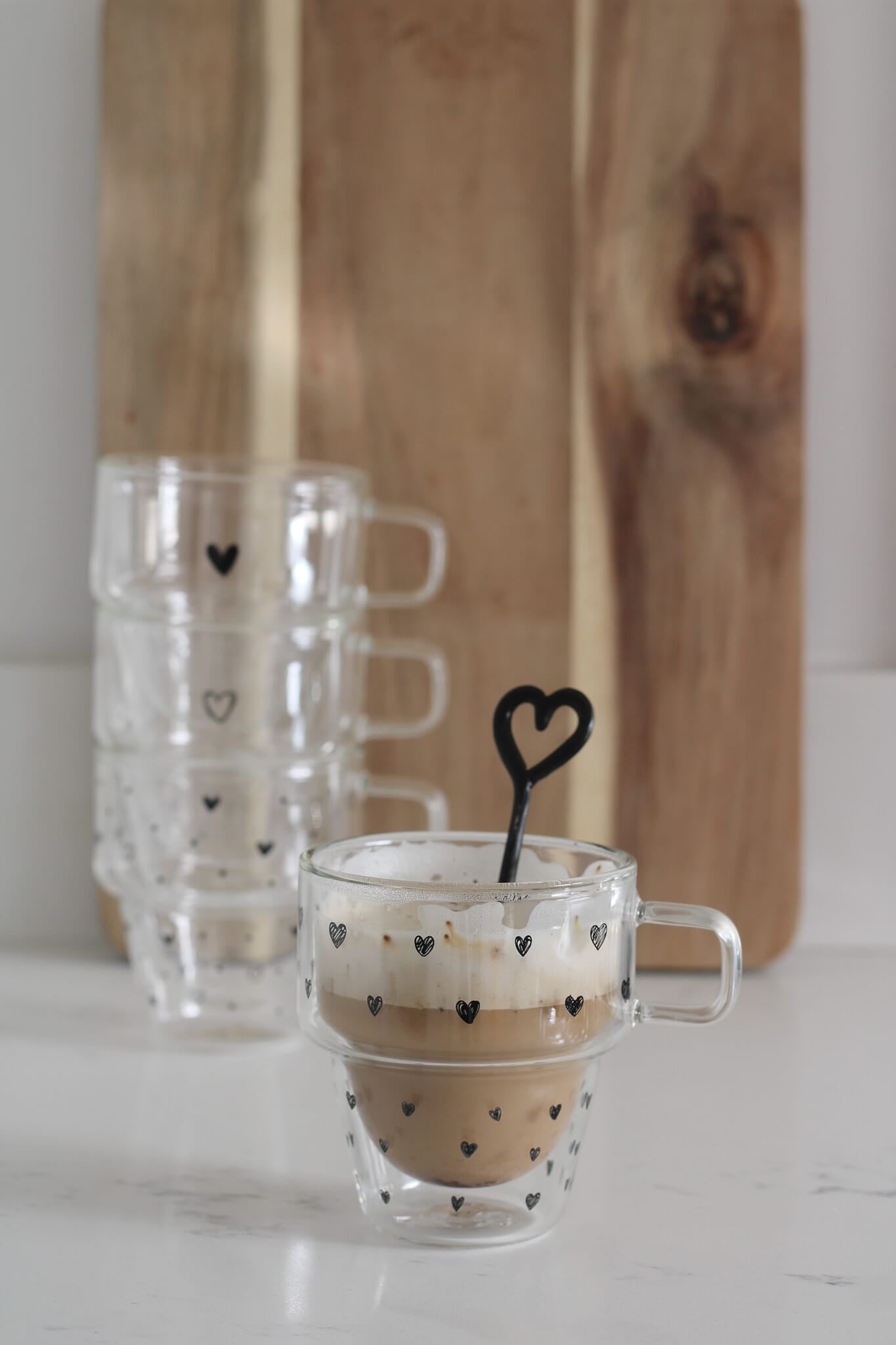 Double Walled Glass Stacking Mugs - Hearts/Black