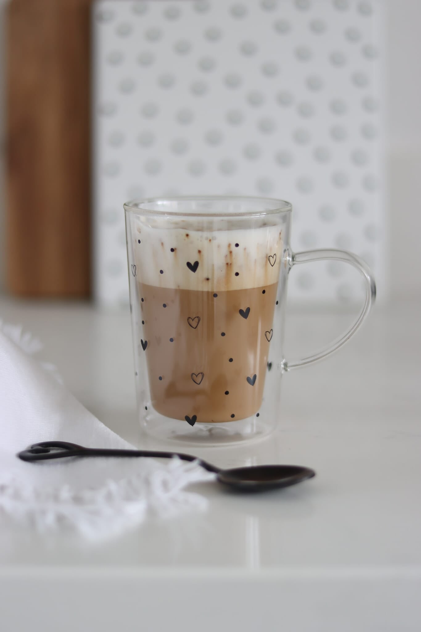 Slim Double Wall Glass Mug - Multi Hearts and Dots/Black