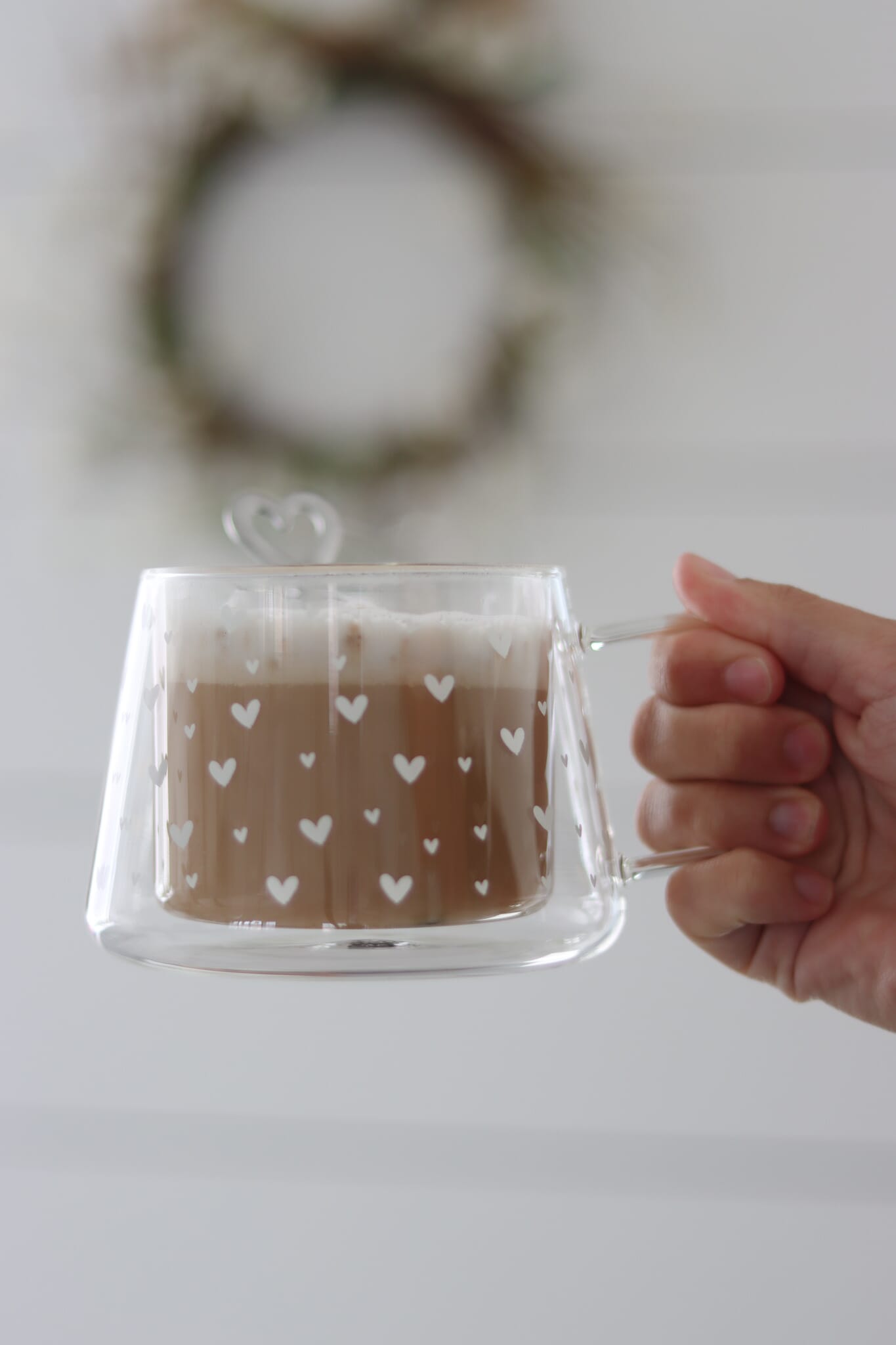 Wrap Around Double Walled Glass Mug – Multi Heart White