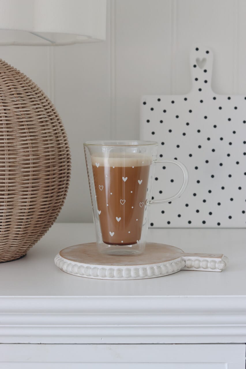 Double Walled Glass Latte Mug - Hearts And Dots/White