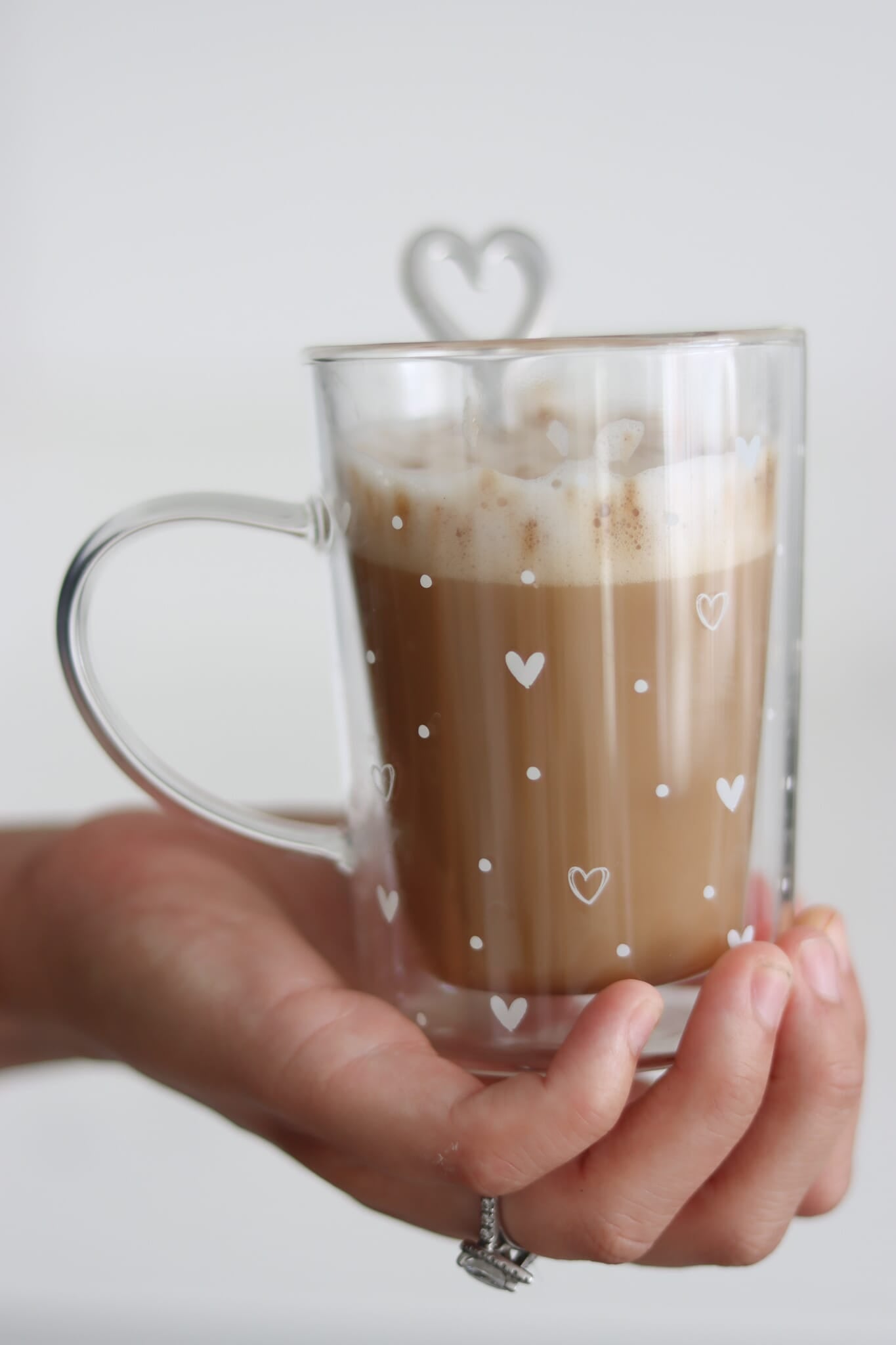 Slim Double Walled Glass Mug - Hearts and Dots/White