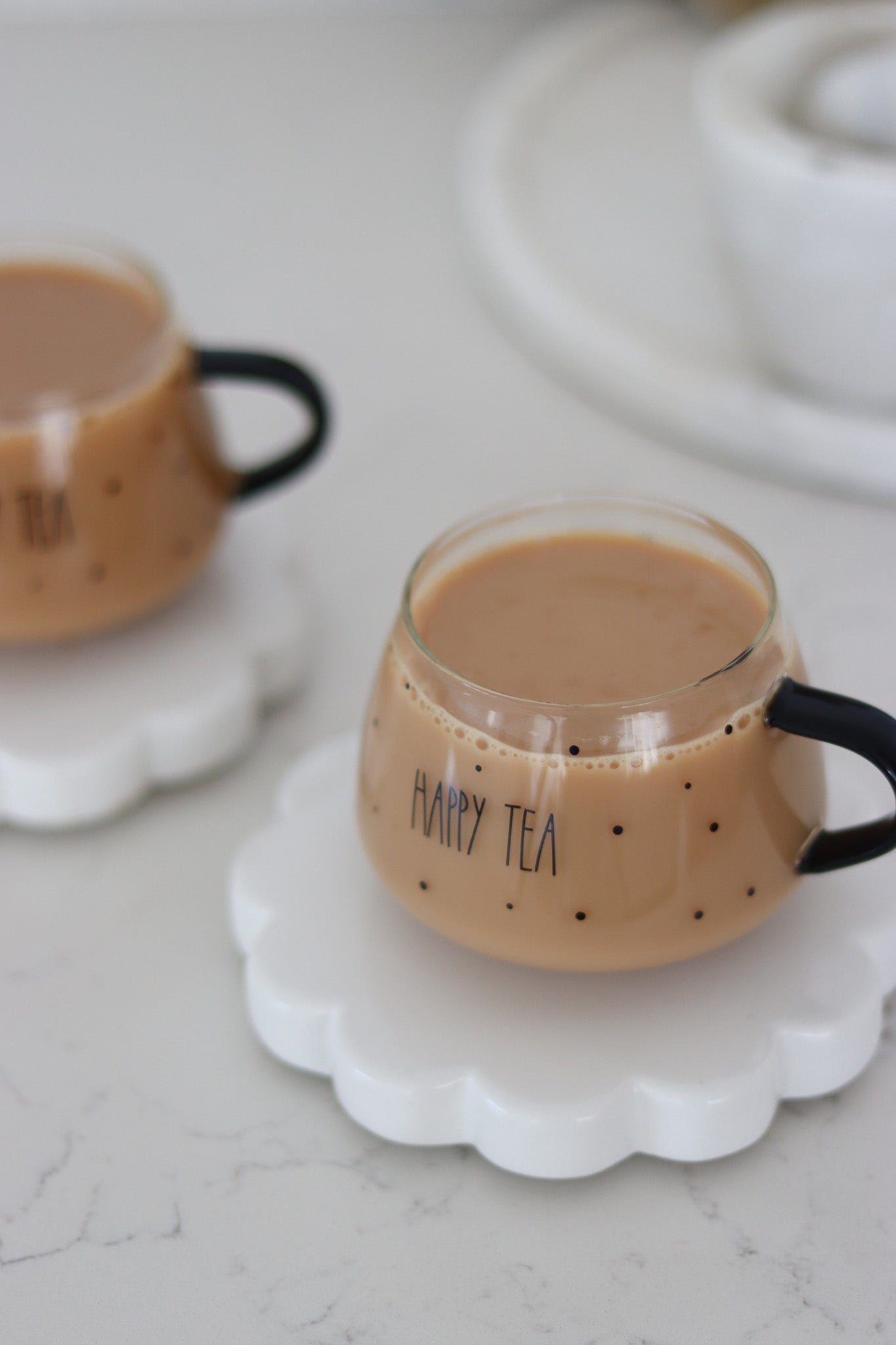 Set Of 2 Short Glass Mugs - Black Handled/Happy Tea