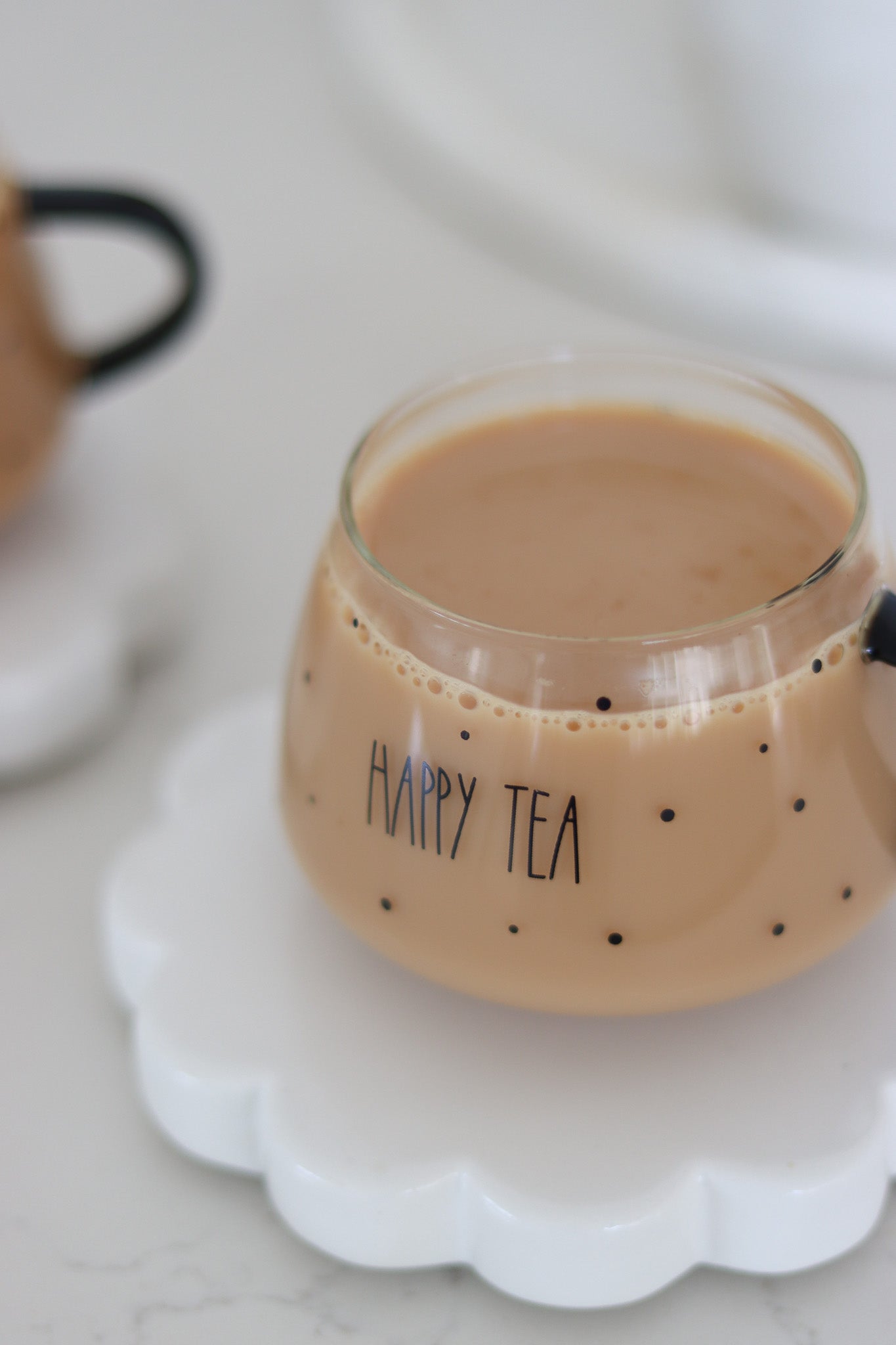Set Of 2 Short Glass Mugs - Black Handled/Happy Tea