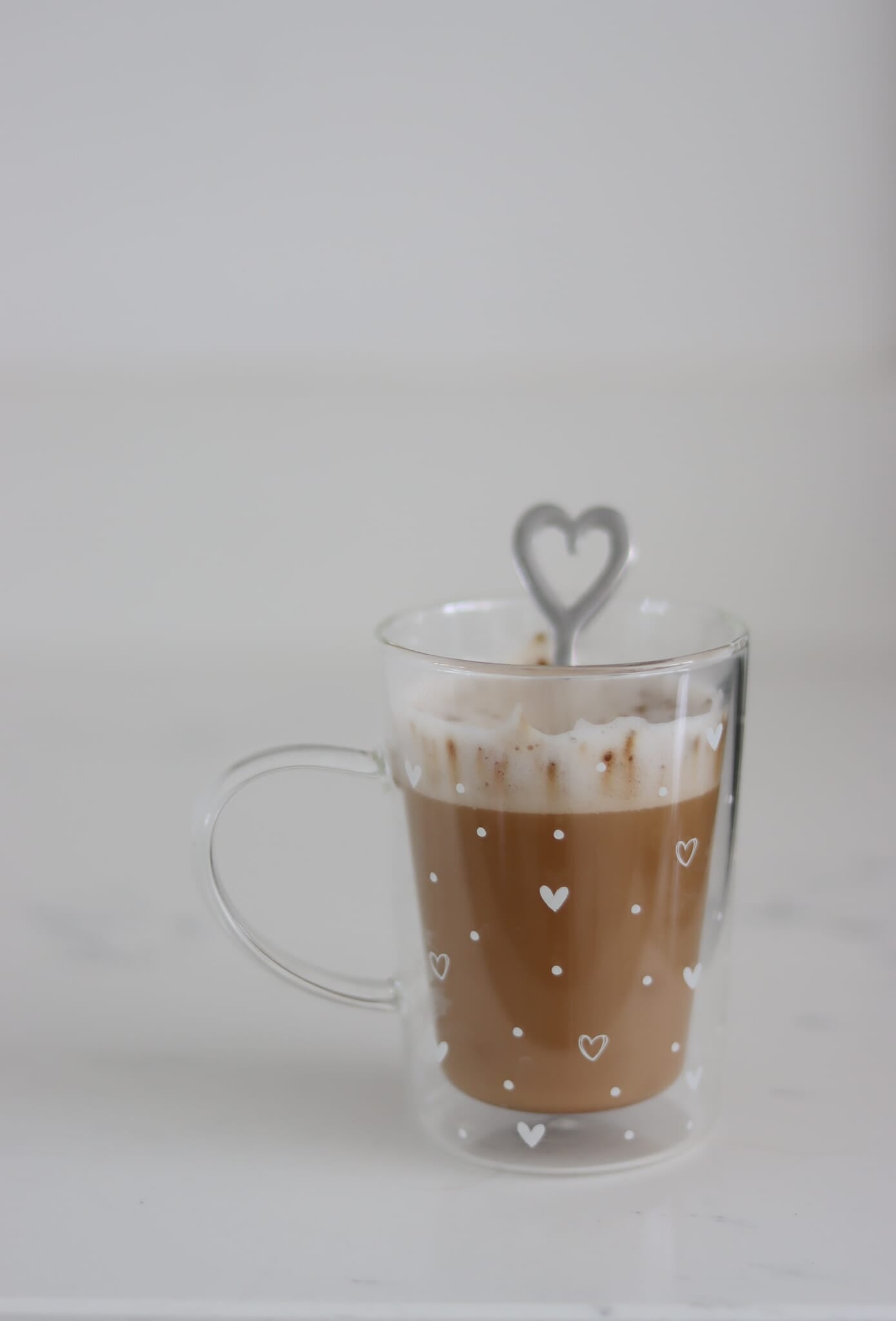 Slim Double Walled Glass Mug - Hearts and Dots/White