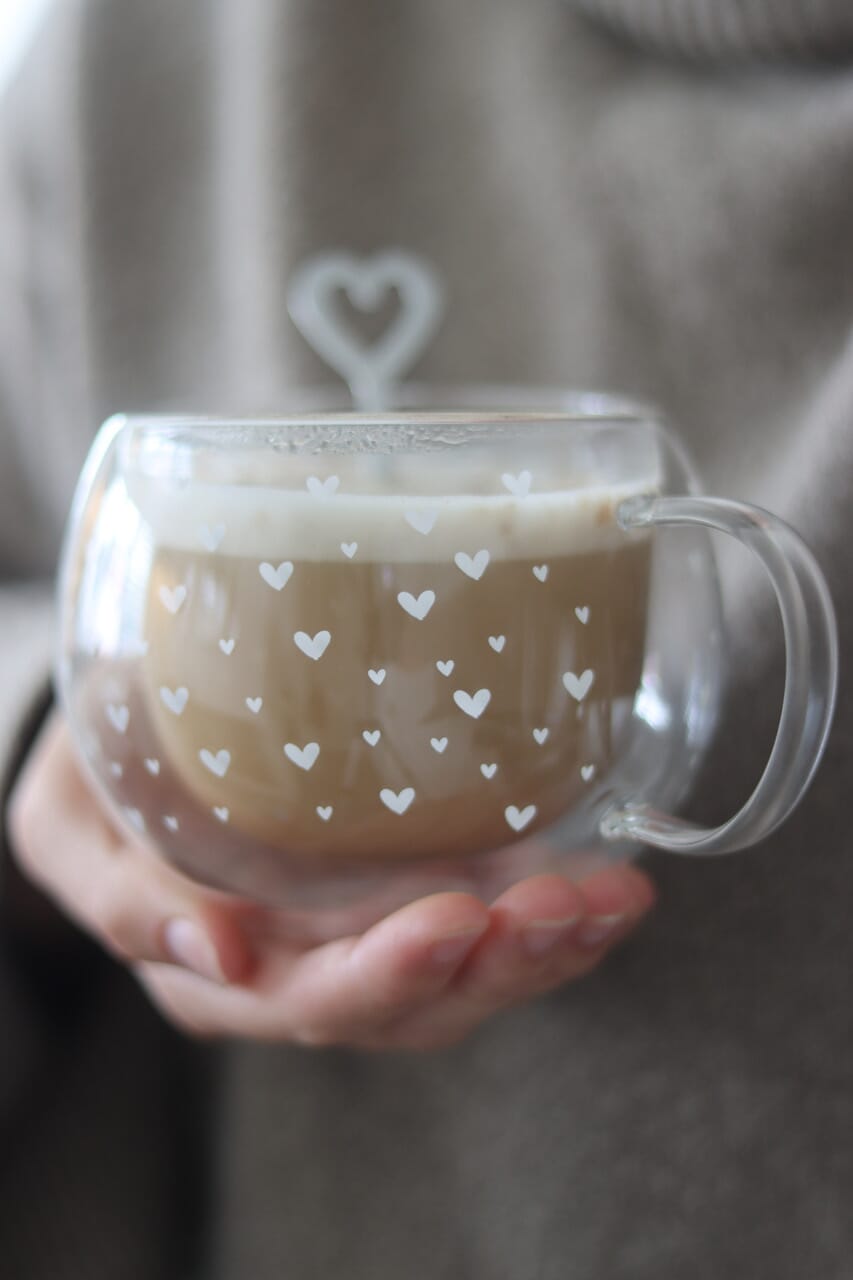 Round Double Walled Glass Mug - Multi Heart/White